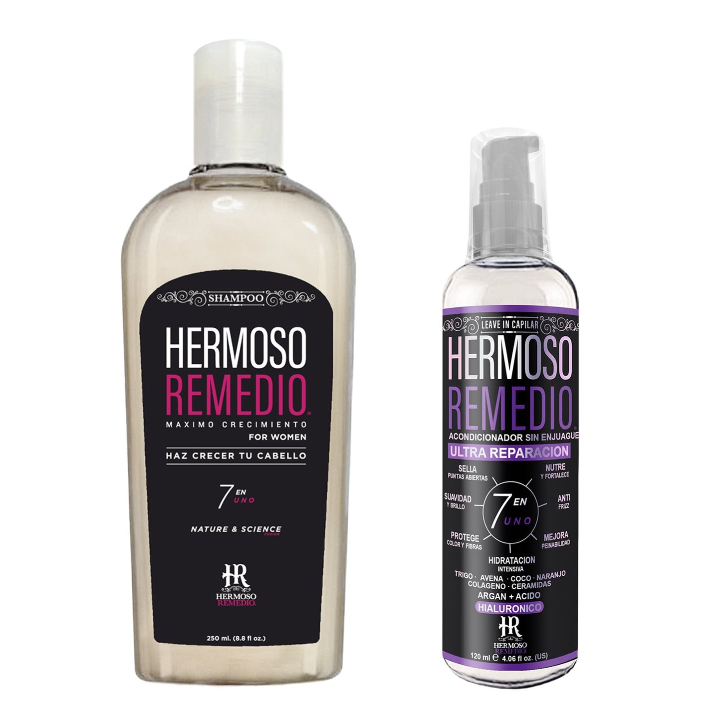 Kit Shampoo + Leave In Acondicionador sin Enjuague - Crecimiento, Anticaída, Reparación, Hidratación, Anti Frizz especial para cabellos altamente procesados o dañados. - Hermoso Remedio